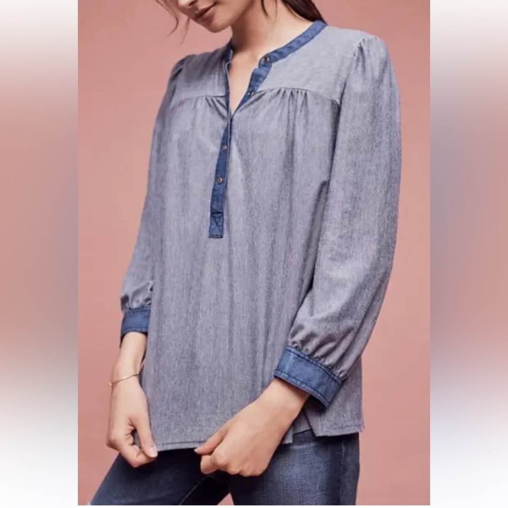 Anthropologie Postmark Lisette Chambray Stretch Popover Shirt Soft Fabric